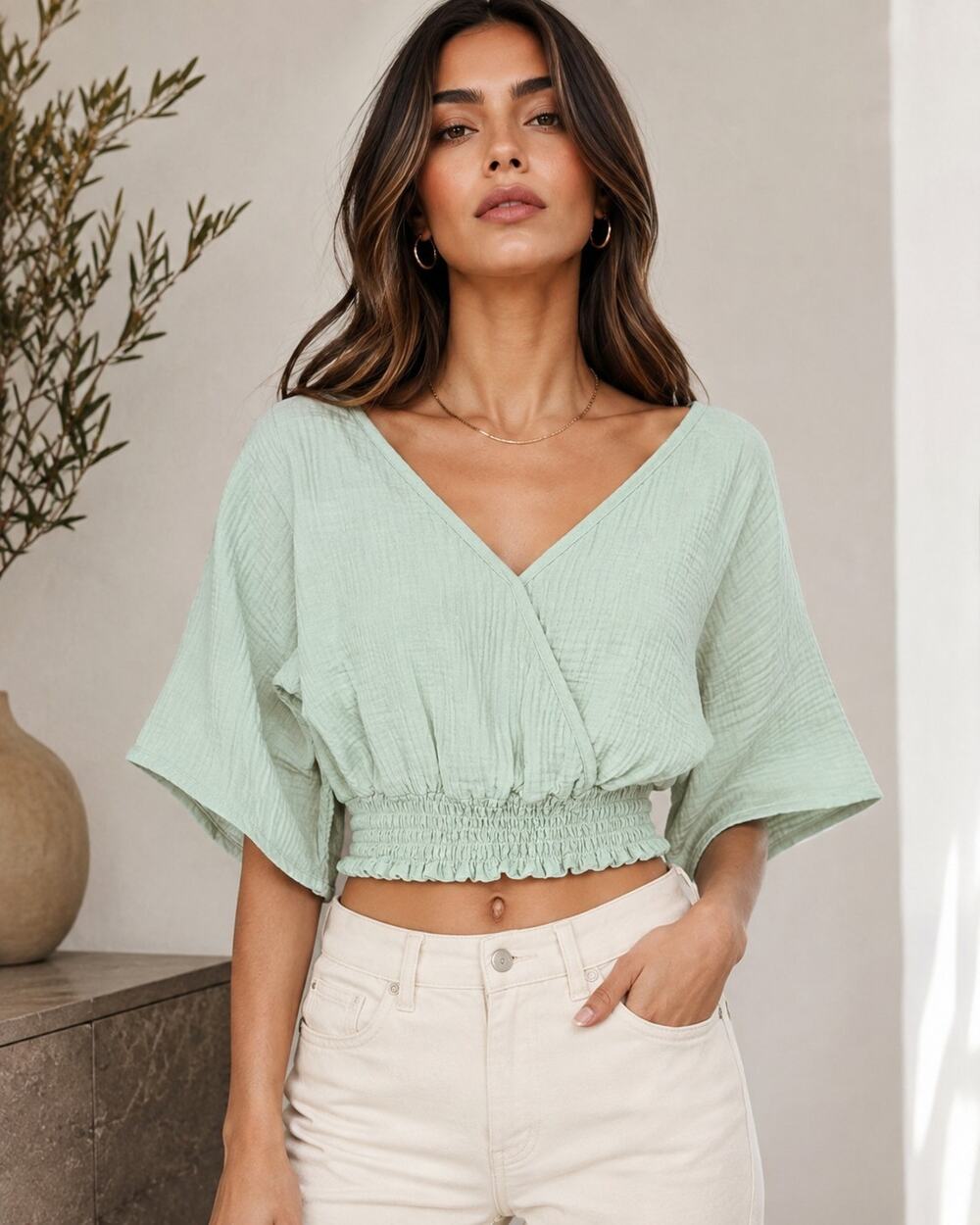 LOVLEI Boutique Cotton Gauze Wrap Top Small NWT Sage Smocked Waist Boho Resort